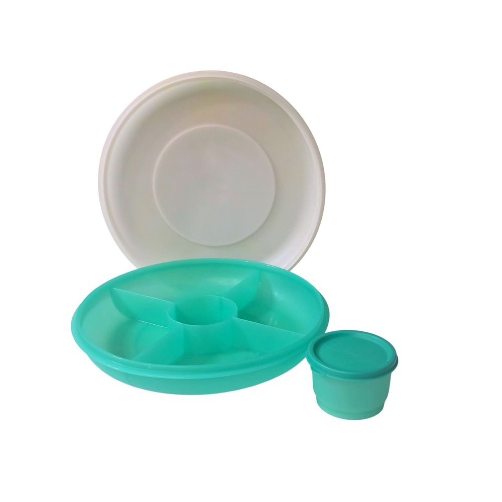 Tupperware Vintage Divided Serving Tray Teal Green White Lid Chip Dip 5 Section